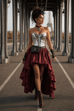 Femme portant un corset steampunk argent effet serpent avec jupe bordeaux au Pont Bir-Hakeim Paris Tour Eiffel