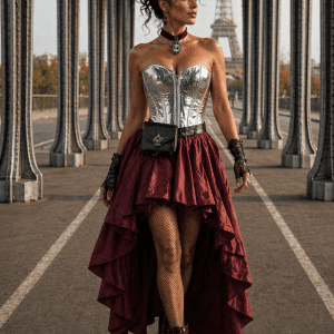 Femme portant un corset steampunk argent effet serpent avec jupe bordeaux au Pont Bir-Hakeim Paris Tour Eiffel