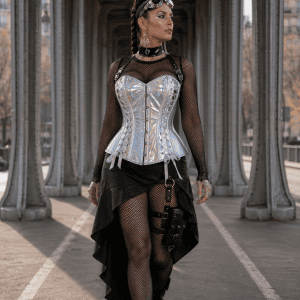 Corset steampunk argent métallisé effet holographique porté au Pont Bir-Hakeim à Paris, modèle femme taille L en tenue noire avec jupe asymétrique et bas résille