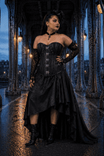 Corset noir steampunk en brocart baroque avec boucles métalliques porté au pont Bir-Hakeim à Paris en grande taille