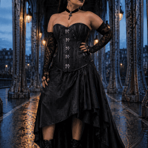 Corset noir steampunk en brocart baroque avec boucles métalliques porté au pont Bir-Hakeim à Paris en grande taille