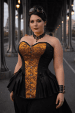 Corset steampunk grande taille noir en similicuir avec brocart baroque doré porté sous le pont Bir-Hakeim à Paris