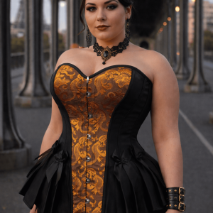 Corset steampunk grande taille noir en similicuir avec brocart baroque doré porté sous le pont Bir-Hakeim à Paris