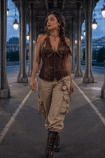 Corset steampunk pirate marron avec licou porté au Pont Bir-Hakeim à Paris à l’heure bleue, modèle femme taille L avec pantalon cargo beige et bottines à boucles