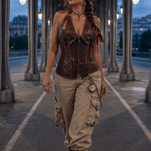 Corset steampunk pirate marron avec licou porté au Pont Bir-Hakeim à Paris à l’heure bleue, modèle femme taille L avec pantalon cargo beige et bottines à boucles