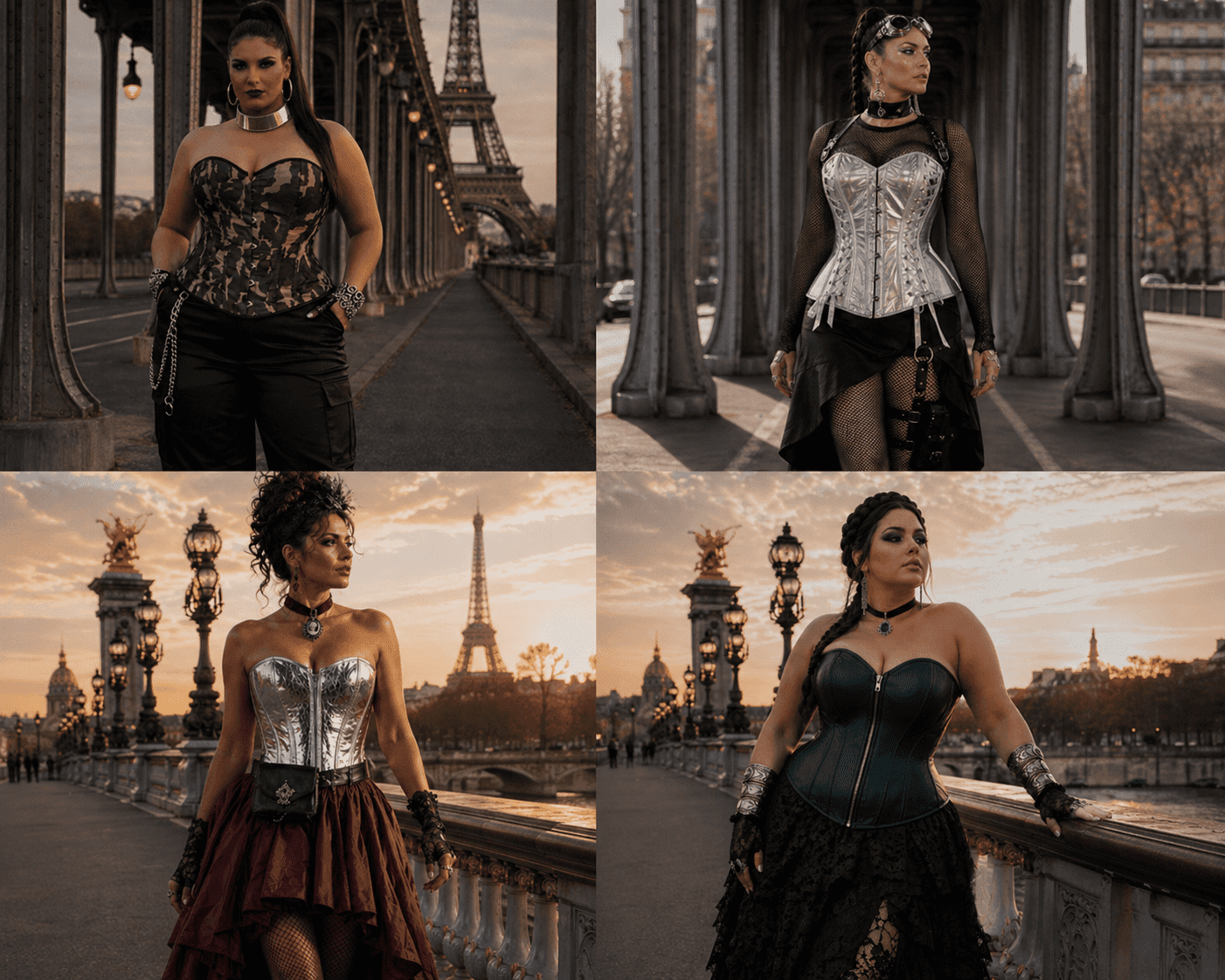 corsets steampunk portés avec jupes et pantalons silhouettes élégantes pont paris look éditorial