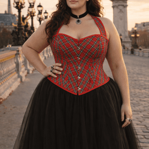 corset tartan rouge grande taille gothique avec jupe tulle noir pont Alexandre III Paris