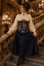 Corset underbust bleu indigo et doré en brocart baroque porté au Palais Garnier avec jupe satin bleu nuit et chemisier victorien