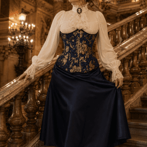 Corset underbust bleu indigo et doré en brocart baroque porté au Palais Garnier avec jupe satin bleu nuit et chemisier victorien