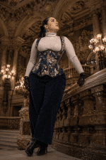 Corset underbust bleu indigo et doré en brocart baroque porté au Palais Garnier avec tenue élégante grande taille