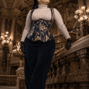 Corset underbust bleu indigo et doré en brocart baroque porté au Palais Garnier avec tenue élégante grande taille