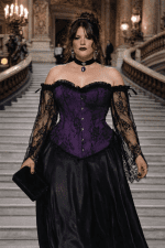 corset violet dentelle noire femme grande taille 3XL escalier palais garnier jupe satin noire look gothique élégant
