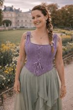 corset violet pervenche femme jupe asymétrique vert sauge jardin du Luxembourg Paris fleurs jaunes lumière douce