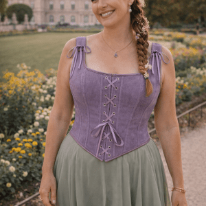 corset violet pervenche femme jupe asymétrique vert sauge jardin du Luxembourg Paris fleurs jaunes lumière douce