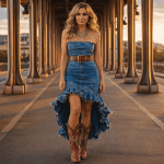 femme 45 ans taille L robe corset denim asymétrique bottes santiags bordeaux pont bir hakeim lumière dorée