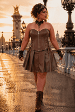 Robe corset bustier marron en similicuir portée au pont Alexandre III à Paris au coucher du soleil style steampunk grande taille