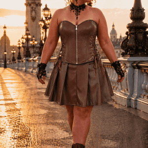 Robe corset bustier marron en similicuir portée au pont Alexandre III à Paris au coucher du soleil style steampunk grande taille