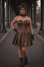 Robe corset bustier marron en similicuir avec zip portée au pont Bir-Hakeim à Paris style steampunk taille normale