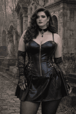 robe corset mini gothique grande taille noire effet cuir avec zip devant et laçage côtés silhouette structurée au cimetière du père lachaise