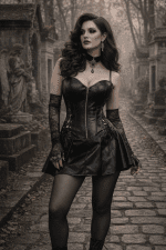 obe corset mini noire gothique effet cuir avec fermeture zip devant et laçage côtés portée au cimetière du père lachaise style éditorial