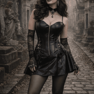 obe corset mini noire gothique effet cuir avec fermeture zip devant et laçage côtés portée au cimetière du père lachaise style éditorial