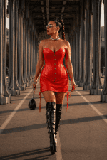 Robe corset mini rouge gothique en similicuir portée au Pont Bir-Hakeim à Paris, look urbain avec bottes hautes noires et style éditorial en mouvement