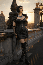 robe corset mini noire gothique en similicuir au Pont Alexandre III Paris, look éditorial avec bottes hautes et accessoires métalliques