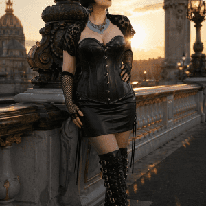 robe corset mini noire gothique en similicuir au Pont Alexandre III Paris, look éditorial avec bottes hautes et accessoires métalliques
