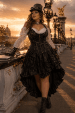 robe corset pirate noir bustier similicuir avec chemise bouffante et jupe asymetrique grande taille portee au pont alexandre III paris style steampunk lumiere doree