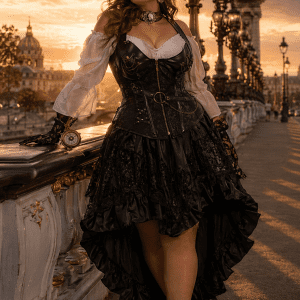 robe corset pirate noir bustier similicuir avec chemise bouffante et jupe asymetrique grande taille portee au pont alexandre III paris style steampunk lumiere doree