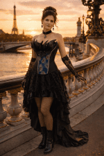 Robe corset à plumes motif paon bleu et noir portée au Pont Alexandre III à Paris à l’heure dorée, look haute couture avec bas résille et bottines noires