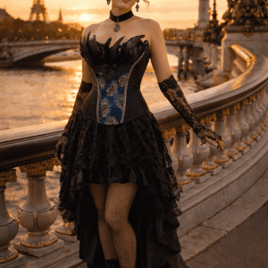 Robe corset à plumes motif paon bleu et noir portée au Pont Alexandre III à Paris à l’heure dorée, look haute couture avec bas résille et bottines noires