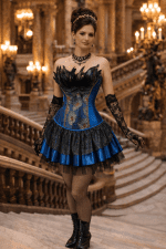 Robe corset à plumes motif paon bleu roi portée au Palais Garnier sur le grand escalier, look haute couture avec gants en dentelle noire et bas résille
