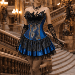 Robe corset à plumes motif paon bleu roi portée au Palais Garnier sur le grand escalier, look haute couture avec gants en dentelle noire et bas résille