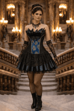 Robe corset à plumes motif paon bleu et noir portée au Palais Garnier sur le grand escalier, look haute couture avec gants en dentelle noire et bas résille