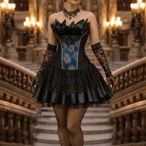 Robe corset à plumes motif paon bleu et noir portée au Palais Garnier sur le grand escalier, look haute couture avec gants en dentelle noire et bas résille