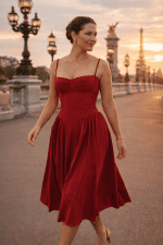 robe midi rouge magenta bustier corsetée bretelles fines pont alexandre III coucher de soleil look élégant