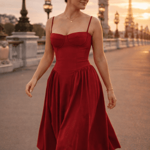 robe midi rouge magenta bustier corsetée bretelles fines pont alexandre III coucher de soleil look élégant