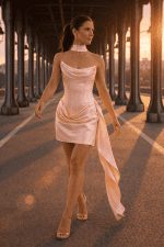 robe satin rose drapée asymétrique traine pont bir hakeim paris coucher de soleil look élégant