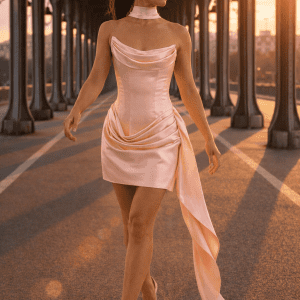 robe satin rose drapée asymétrique traine pont bir hakeim paris coucher de soleil look élégant