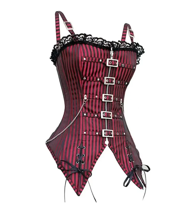 Corset Gothique Steampunk Rayé Rouge et noir – Image 3