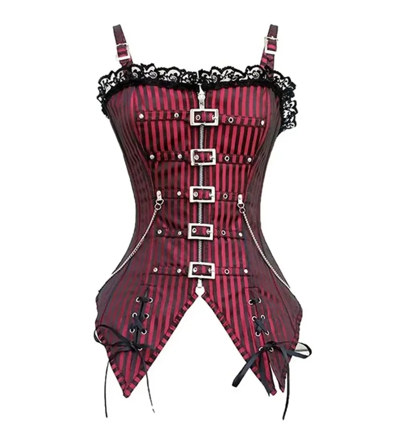 Corset Gothique Steampunk Rayé Rouge et noir – Image 2