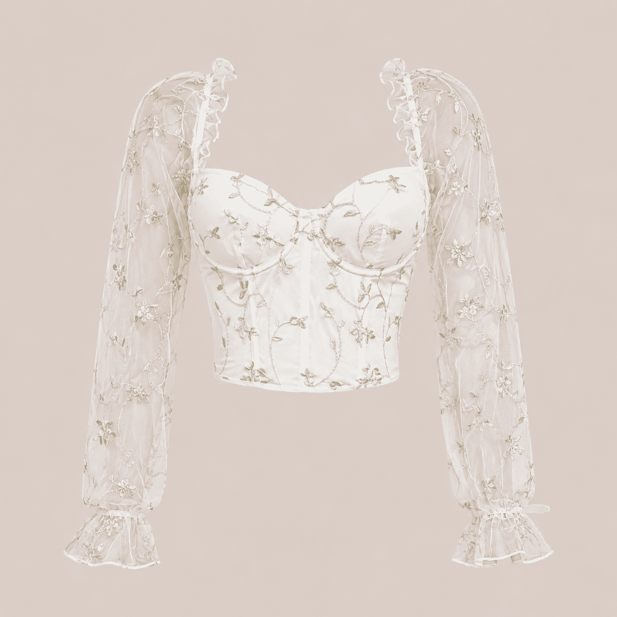 Bustier Corset Blanc Floral Brodé à Manches – Image 2