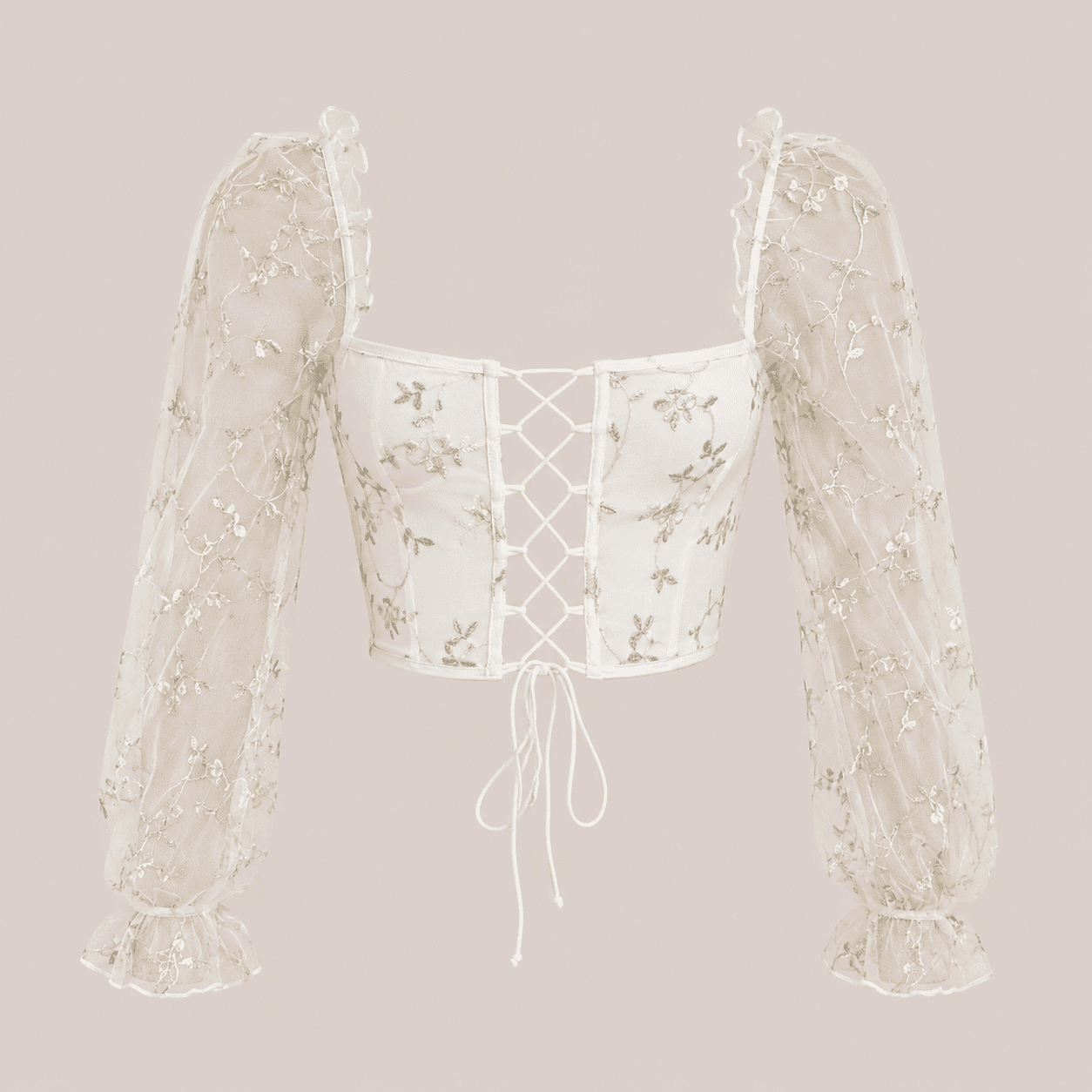 Bustier Corset Blanc Floral Brodé à Manches – Image 3