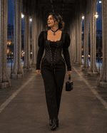 Bustier corset gothique renaissance noir porté au Pont Bir-Hakeim à Paris avec pantalon tailleur noir dans une ambiance mode éditoriale dark feminine à l’heure bleue.