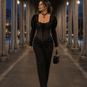 Bustier corset gothique renaissance noir porté au Pont Bir-Hakeim à Paris avec pantalon tailleur noir dans une ambiance mode éditoriale dark feminine à l’heure bleue.