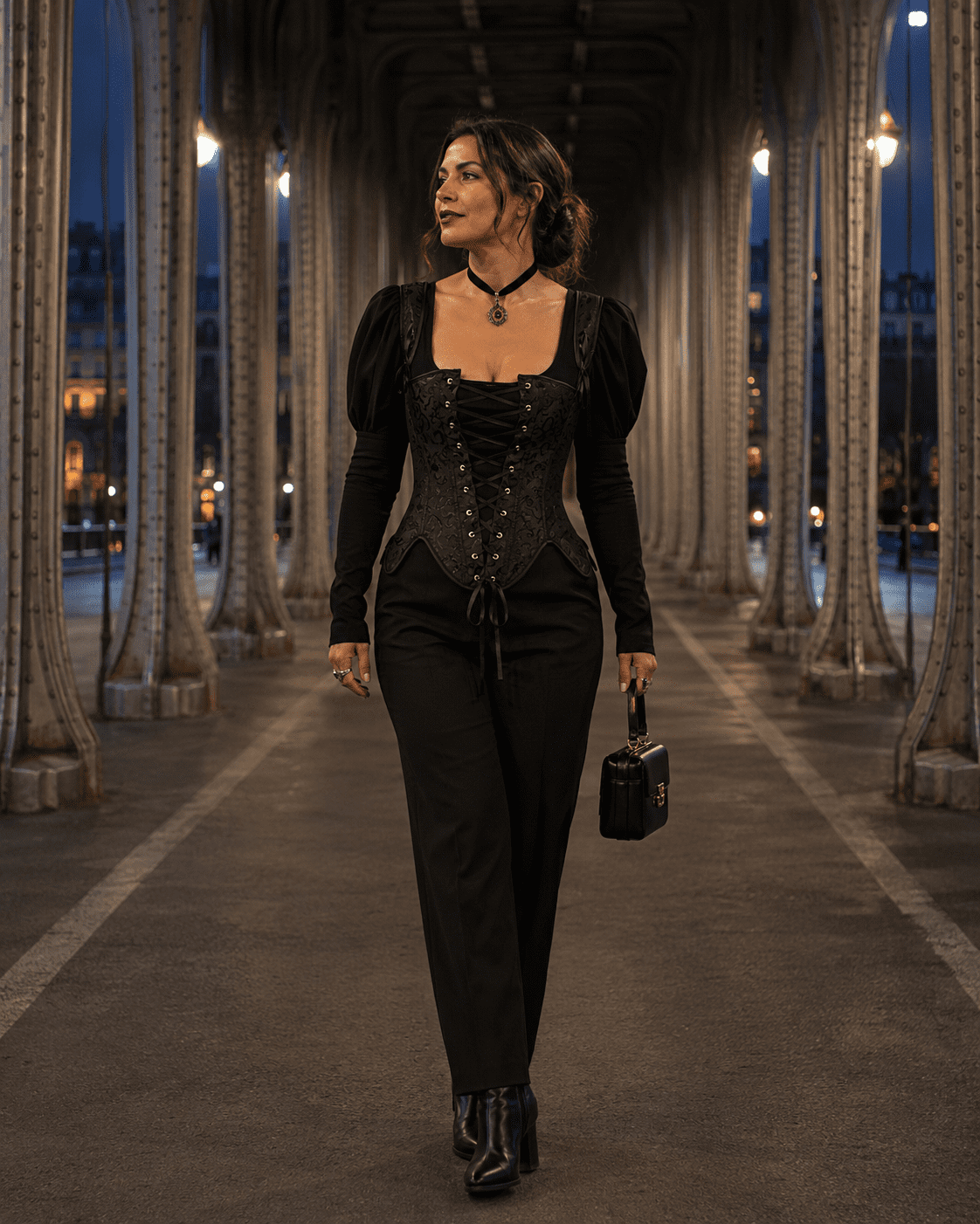 Bustier corset gothique renaissance noir porté au Pont Bir-Hakeim à Paris avec pantalon tailleur noir dans une ambiance mode éditoriale dark feminine à l’heure bleue.