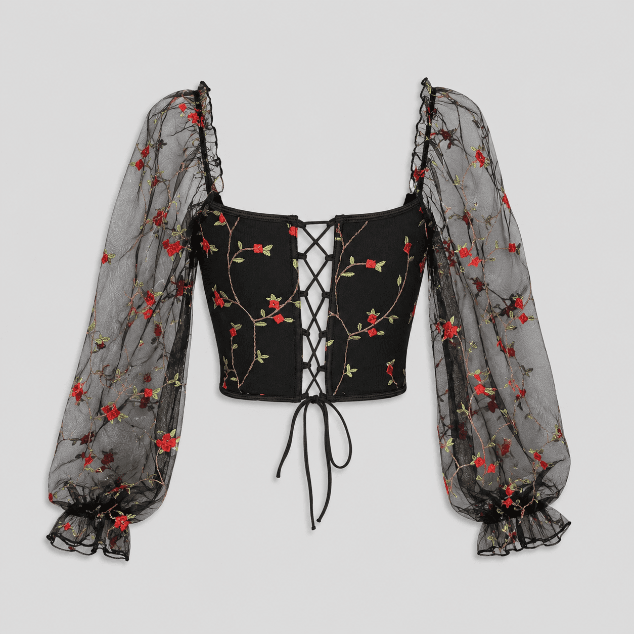 Bustier Corset Noir Floral Brodé à Manches – Image 3