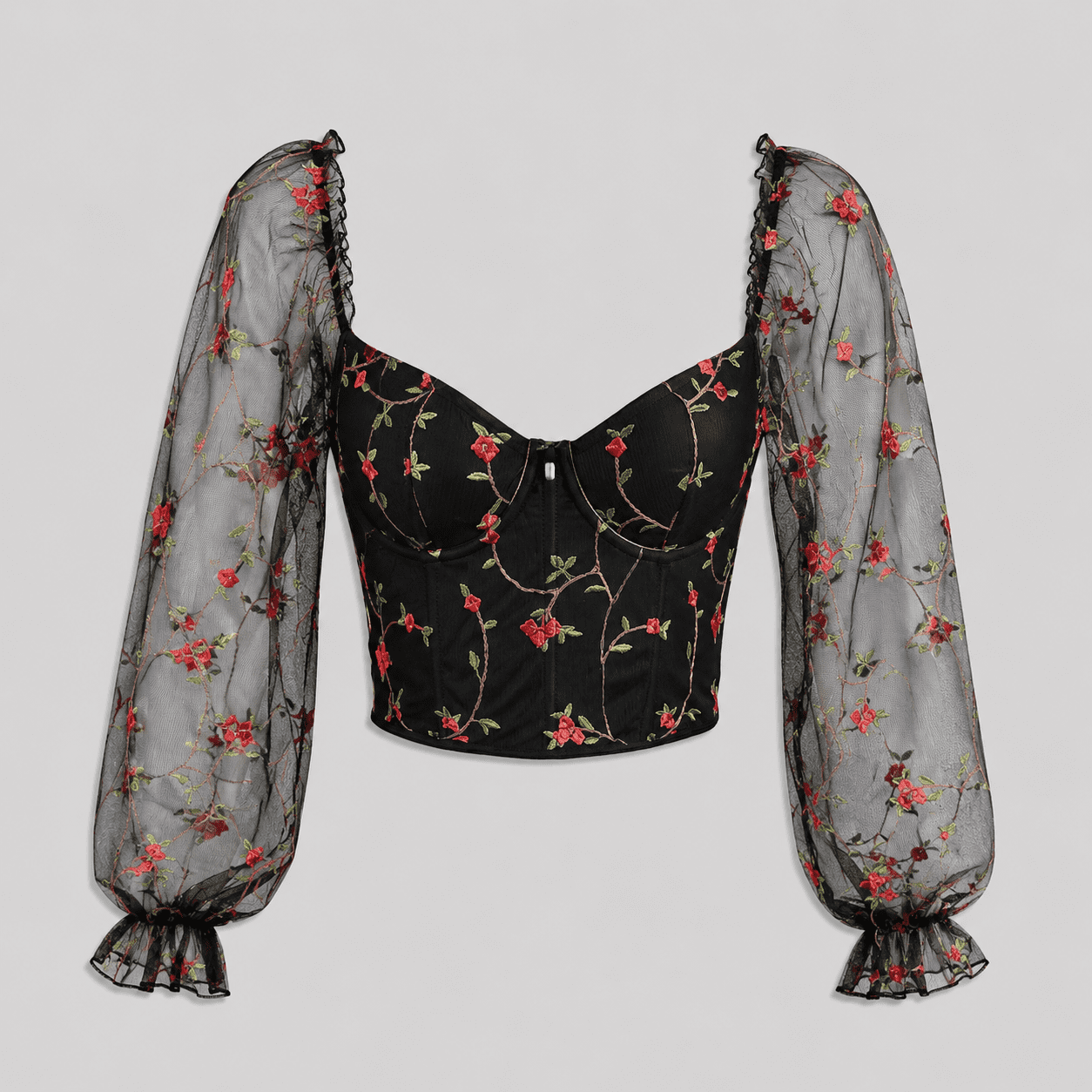 Bustier Corset Noir Floral Brodé à Manches – Image 2