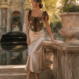 Bustier corset renaissance tapisserie fleurie marron porté avec une jupe satin champagne au Jardin du Luxembourg devant la Fontaine Médicis dans une ambiance éditoriale romantique.